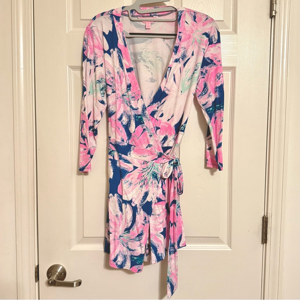 Lilly Pulitzer Pink and Blue Floral Karlie Wrap Romper Small - Picture 2 of 8